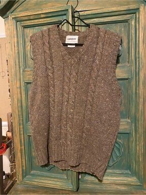 Campus Cable-Knit V-Neck Sweater Vest - Brown Tweed